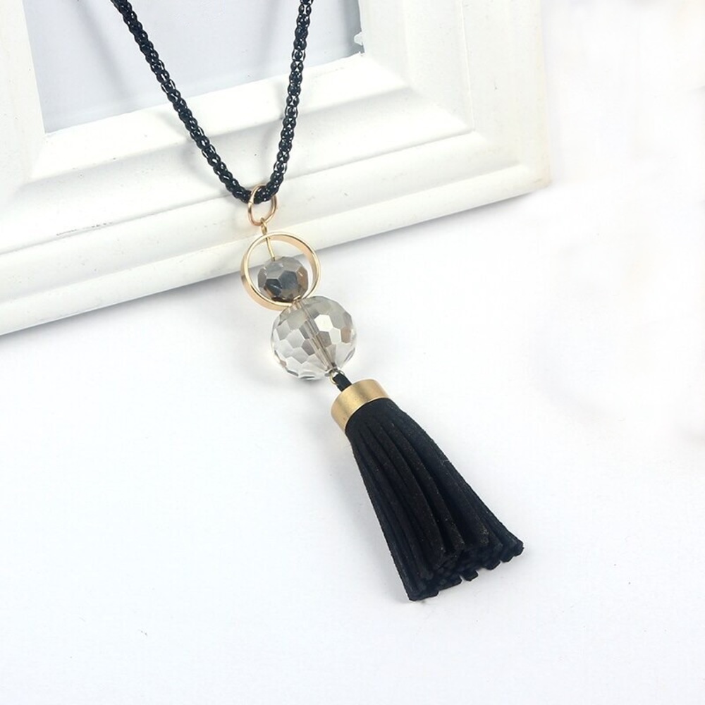 Chic Clear Sphere Long Black and Gold Tassel Necklace - Picture 4 of 11
